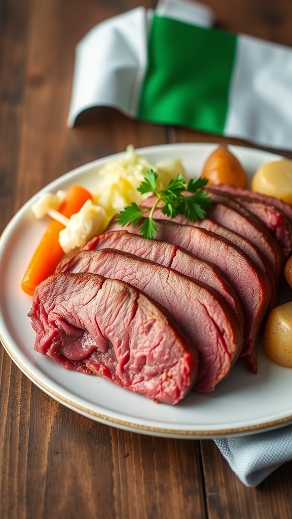 Sliced corned beef with cabbage, carrots, and potatoes on a plate, garnished with parsley.